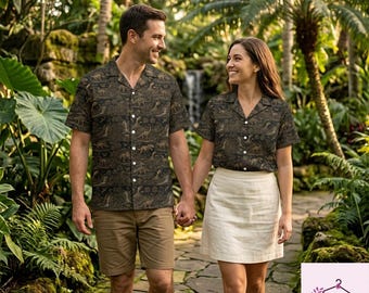 Chemise hawaïenne dinosaure Toile de Jouy, boutonnée préhistorique vintage, chemise Aloha fossile classique