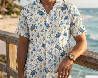 Coastal Sea Turtle Hawaiian Shirt, Blue Ocean Button Up, Nautical Beach Aloha Shirt, Vacation Outfit