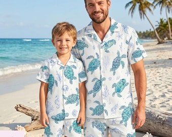 Vintage Turtle Hawaiian Shirt, Family Beach Shorts Men,  Custom Family Turtle Cruise Shirts, Tropical Marine Life Matching Outfits, Dad Mom