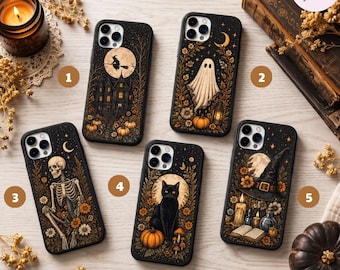 Spooky Halloween Phone Case, Ghost Black Cat Skeleton Witch iPhone Case, Gothic Cottagecore Fall Cover, Vintage Halloween Aesthetic Gift