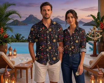 Chemise hawaïenne soleil lune céleste, chemise boutonnée bohème florale, chemise de plage été cosmique, chemise astrologie Aloha, chemise assortie papa fils