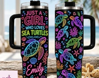 Personalized Sea Turtle Tumbler, Neon Turtle 40oz Tumbler with Handle, Custom Name Travel Mug, Ocean Sea Life Cup, Gift for Turtle Lover