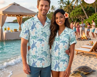 Chemise tortue de mer assortie, chemise hawaïenne bleu océan pour papa et maman, tenue de vacances à la plage vie marine, été côtière