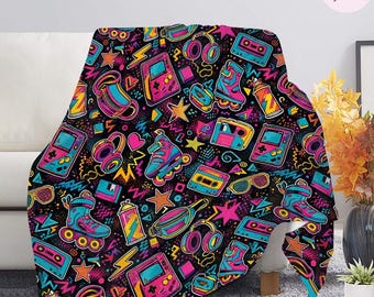 Retro 80s 90s Throw Blanket, Neon Vaporwave Fleece Blanket, Vintage Roller Skate Arcade Gaming Blanket, Colorful Synthwave Cozy Sofa Blanket