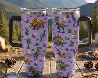 Cute Dinosaur 40oz Tumbler with Handle, Purple Dino Mug, T Rex Stegosaurus Brachiosaurus Stainless Steel Cup, Jurassic Dinosaur Lover Gift