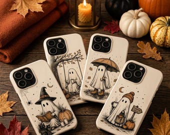 Witchy Ghost Reading Book Phone Case, Spooky Cute Halloween iPhone Cover, Retro Ghost Gift