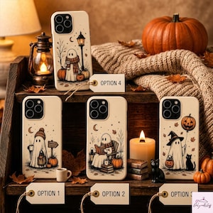 May include: Four cream-colored phone cases featuring illustrations of ghosts in autumn settings. Option 1 shows a ghost with a mug and sign. Option 2 depicts a ghost reading in a chair. Option 3 features a ghost with a pumpkin balloon and cat. Option 4 shows a ghost by a lamp post.