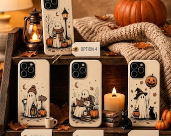 Coque pour portable lecture fantôme confortable | Patch citrouille coque iPhone | Housse d'Halloween Cottagecore