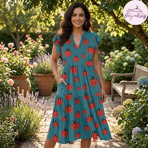 May include: A teal midi dress featuring a ladybug pattern. The dress has a V-neck, short sleeves, and a tiered skirt. The ladybugs are red with black spots and black heads. The dress has pockets and is worn outdoors.