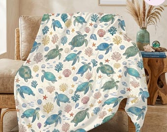 Sea Turtle Blanket, Coastal Ocean Throw Blanket, Nautical Beach Decor, Marine Life Turtle Gift, Soft Cozy Blanket for Kids Adults