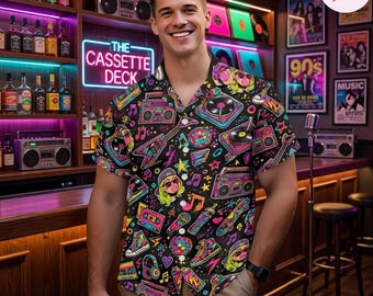 Retro 80s 90s Hawaiian Shirt, Boombox Cassette Aloha Shirt, Neon Music Button Up, DJ Festival Beach Shirt Gift
