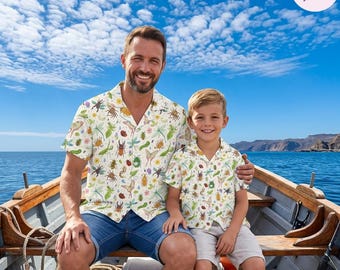Chemise insecte assortie père fils, insecte hawaïen vintage boutonné, tenue d'entomologie papa et moi, vêtements de famille amoureux de la nature