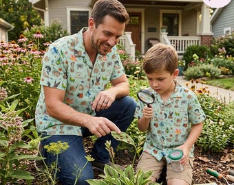 Chemise assortie père fils insecte et reptile, papa original et moi animal étrange hawaïen boutonné, cadeau drôle d'amant de la nature pour papa