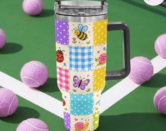 Cottagecore Insect Patchwork 40oz Tumbler, Cute Bee Ladybug Butterfly Stainless Steel Cup, Bug Lover Mug with Handle, Whimsical Nature Gift