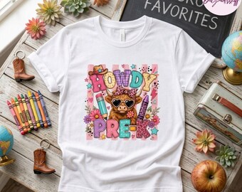 Howdy Pre-K Shirt, Western Highland Cow Back to School T-Shirt, Cute Leopard Cowgirl Preschool Tee, Back to School Girl Toddler Top