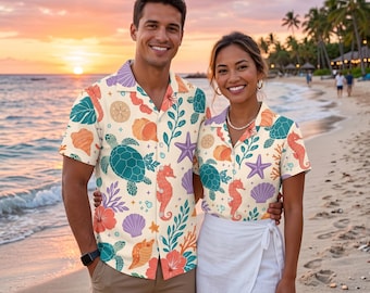 Chemise hawaïenne tropicale Sea Life, jolie tortue de mer, hippocampe, étoiles de mer, corail, chemise boutonnée, tenue de vacances à la plage, cadeau pour les amoureux de l'océan