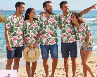 Chemise hawaïenne flamant rose, vacances tropicales boutonnée, tenues de villégiature familiales assorties, ensemble hawaïen feuilles de palmier, short d'été pour papa oiseau
