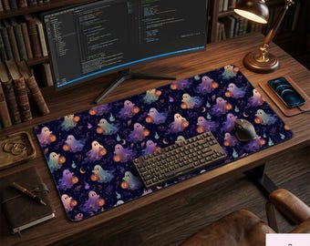 Pastel Goth Ghost Desk Mat | Cute Halloween Mouse Pad | Spooky Purple Desk Decor