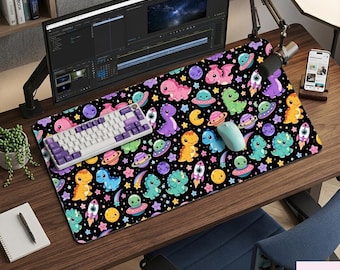 Cute Dinosaur Space Desk Mat, Kawaii Dino Galaxy Mouse Pad, Pastel Gaming Desk Pad, Gamer Girl Desk Decor