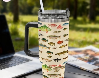 gobelet 40 oz poisson d'eau douce vintage, cadeau de pêche à l'achigan à la truite pour lui, tasse de voyage vacances sur le lac, tasse de bureau plein air