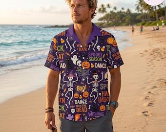 Dance With The Dead Hawaiian Shirt, Funny Skeleton Pumpkin Pattern Button Up Shirt, Halloween Party Wear, Spooky Season Outfit