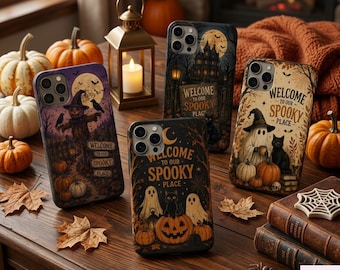 Welcome To Our Spooky Place Phone Case, Vintage Halloween Haunted House iPhone Cover