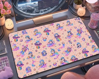 Kawaii Space Cat Mouse Pad, Cute Galaxy Desk Mat, Pastel Astronaut Kitty Gaming Mouse Pad, Rainbow Cosmic Desk Pad, Aesthetic Gamer Gift