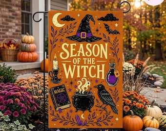 Season of the Witch Garden Flag, Witch Halloween Yard Flag, Spooky Fall Outdoor Decor, Raven Cauldron Crystal Moon Porch Decoration Gift