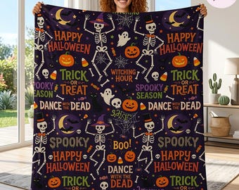 Couverture d'Halloween Danse avec les morts, jetée de citrouille squelette rigolote, couverture douillette de la saison fantasmagorique, décoration d'automne gothique, cadeau d'Halloween