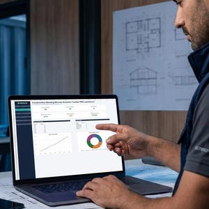 May include: A laptop displaying the Construction Meeting Minutes & Action Tracker PRO software interface with data tables, a line graph, and a colourful donut chart. The screen shows various metrics and project status indicators in a digital format.