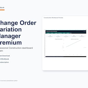 Op de afbeelding: Een digitale productweergave voor de Change Order Variation Manager Premium, een professioneel dashboard-systeem voor de bouw. De lay-out bevat tekst, een voorbeeld van een Excel-werkmapinterface met gegevensgrafieken en downloadlabels.