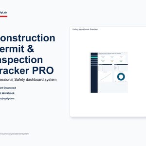 May include: A digital dashboard interface titled Construction Permit & Inspection Tracker PRO by BudgifyLab. The display features a Safety Workbook Preview with data tables, a line graph, and a circular chart, presented as an Excel workbook system.