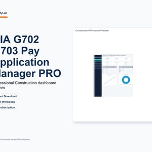 May include: A digital dashboard system titled AIA G702 G703 Pay Application Manager PRO by BudgifyLab. The interface displays a construction workbook preview with data charts, a line graph, and a blue donut chart on a white background.