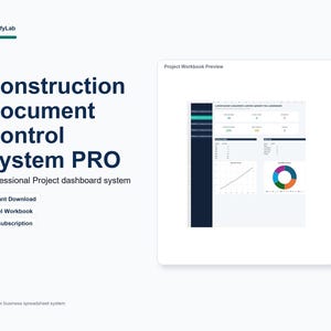 May include: A digital dashboard interface titled Construction Document Control System PRO by BudgifyLab. The layout features a dark sidebar, data tables, a line graph, and a colorful donut chart, presented as a professional project workbook system.