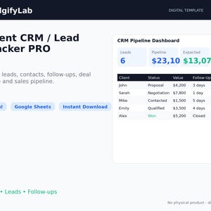 Client CRM Template | Lead Tracker Spreadsheet | Excel Google Sheets Sales Pipeline Tracker | Follow Up Tracker