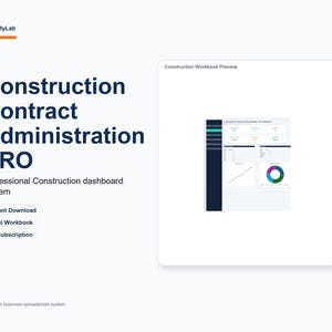 May include: A digital product display for Construction Contract Administration PRO, a professional construction dashboard system. The layout includes text, a preview of an Excel workbook, and buttons for Instant Download, Excel Workbook, and No Subscription.