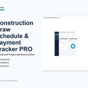 May include: A digital Construction Draw Schedule & Payment Tracker PRO Excel workbook dashboard system by BudgifyLab. The interface features a dark blue sidebar, data tables, a line graph, and a blue donut chart for project financial tracking.