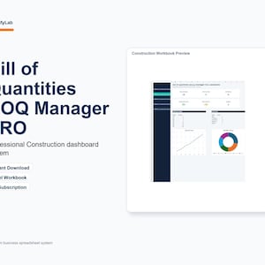 May include: A digital product display for Bill of Quantities BOQ Manager PRO, a professional construction dashboard system. The layout features text, a preview of an Excel workbook with data charts, and labels for instant download and no subscription.