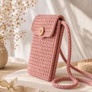 May include: A dusty rose crochet phone bag with a flap closure and a wooden button. The bag has a matching braided strap. The bag is made of a soft, textured yarn. The bag is designed to hold a phone and other small items.