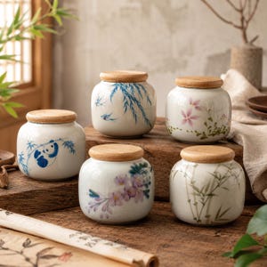 Peut inclure: Cinq pots en céramique blanche avec des couvercles en bois, chacun orné de motifs peints à la main. Les pots présentent des illustrations de panda, de bambou et de motifs floraux en bleu, rose et vert. Ils sont disposés sur une surface en bois.