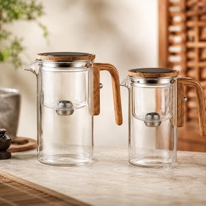 Glas-Teekanne mit magnetischem Sieb - 520 ml / 720 ml Teebrauer, One-Click-Teefilter, Holzgriff-Teekanne, japanische Teezeremonie-Trinkgeschirr