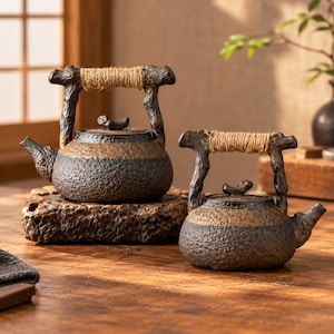 以下が含まれることがあります： 濃い茶色と黒の質感のあるセラミック製ティーポット2つ。表面は石のような粗い仕上げです。各ティーポットには、自然な色の麻紐で巻かれた節のある木の枝のような形のハンドル、お揃いの蓋のつまみ、短い注ぎ口が付いています。