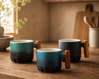 Tazza da caffè in ceramica giapponese, tazza da tè con manico in legno rustico, stile artigianale vintage
