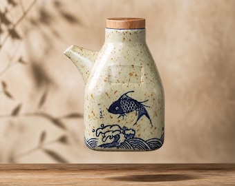 Botella dispensadora de aceite de cerámica japonesa, aceitera para salsa de soja y vinagre, jarra de cerámica estilo artesanal, vertedor de aceite de oliva, regalo de inauguración de casa