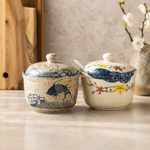 Japanese Ceramic Spice Jar with Lid and Spoon, Salt Sugar Container, Handmade Style Condiment Pot, Tea Storage Jar, Kitchen Decor