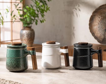 Keramische theekop met zetgroep en deksel Japanse theemok met houten handvat Vintage theemok Matcha en losbladige theemok