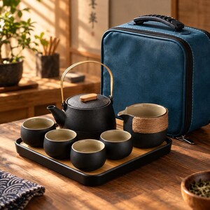 May include: A black tea set featuring a cast iron teapot with a bamboo handle, four matching cups with light interiors, and a pitcher with a jute-wrapped rim. The set is arranged on a rectangular tray, accompanied by a blue zippered carrying case.