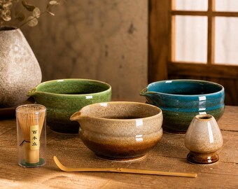 Juego de té matcha japonés, batidor de bambú, cuenco de cerámica, kit tradicional para la ceremonia del té.