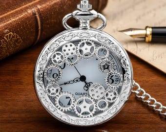 Steampunk Pocket Watch Silver Gear Hollow Quartz Necklace Chain Vintage Men Women Gift