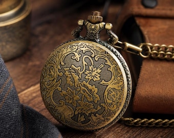 Vintage Bronze Taschenuhr Floral graviert, antike Kette Halskette Uhr Männer Frauen Geschenk